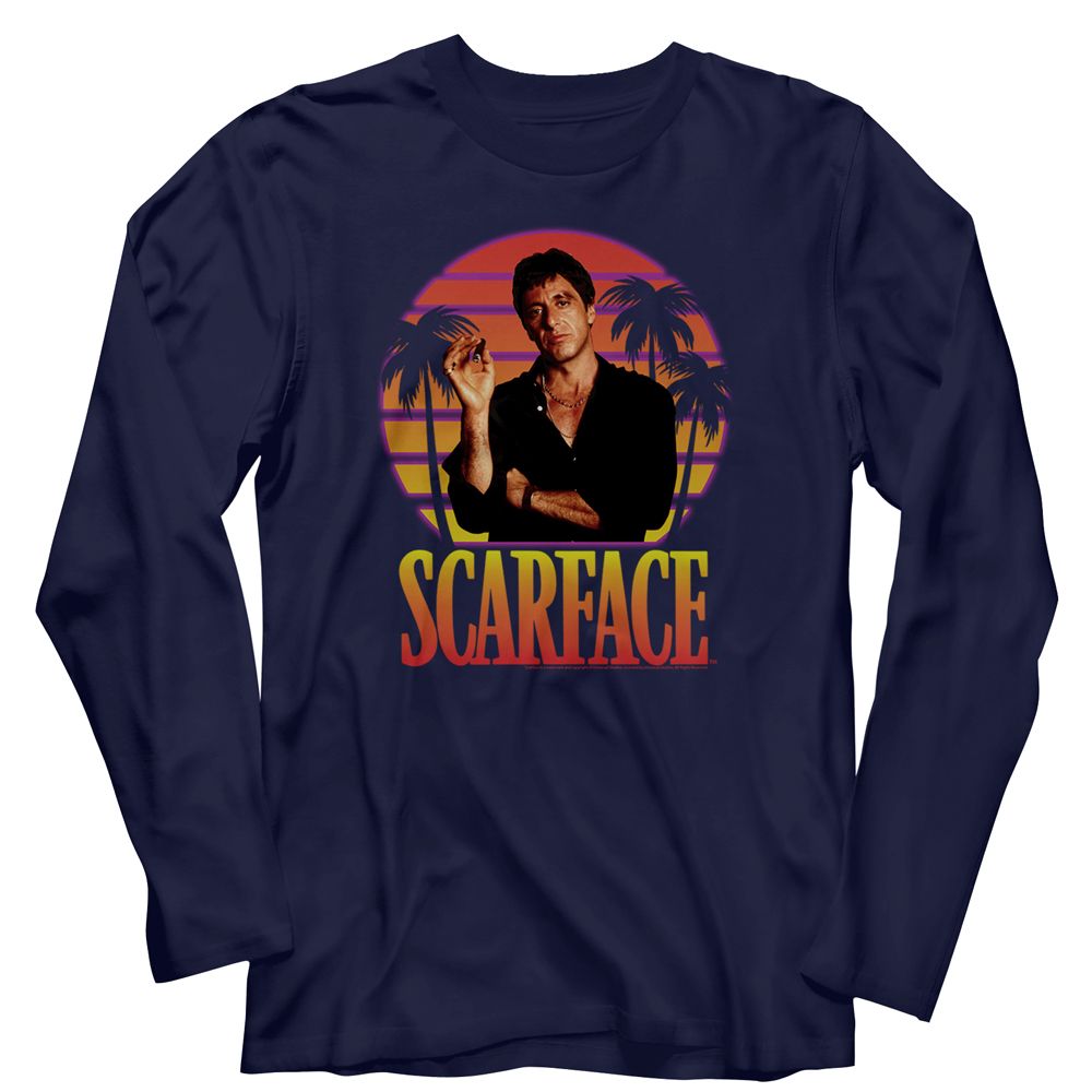 SCARFACE-MIAMI SUNSET-NAVY ADULT L/S TSHIRT
