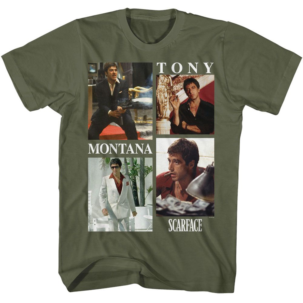 SCARFACE-SCARFACE MONTANA COLLAGE-MILITARY GREEN ADULT S/S TSHIRT