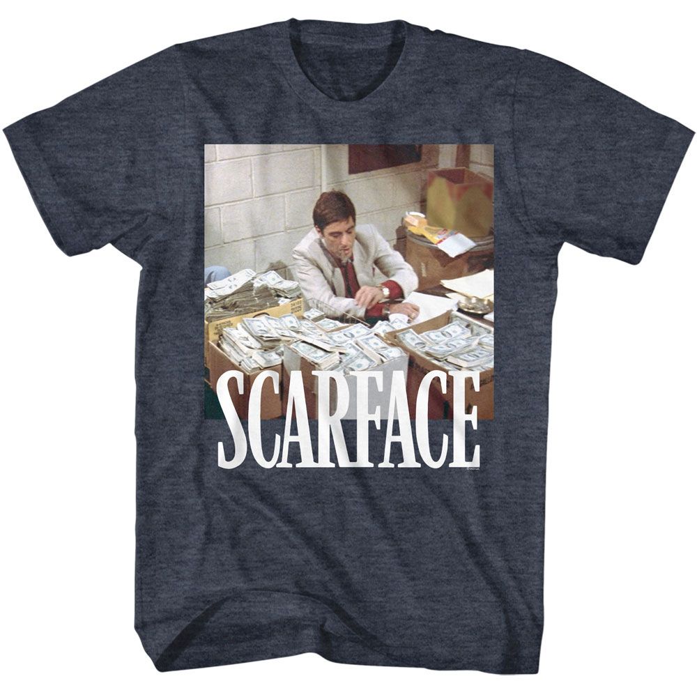 SCARFACE-SCARFACE BOXES OF CASH-NAVY HEATHER ADULT S/S TSHIRT
