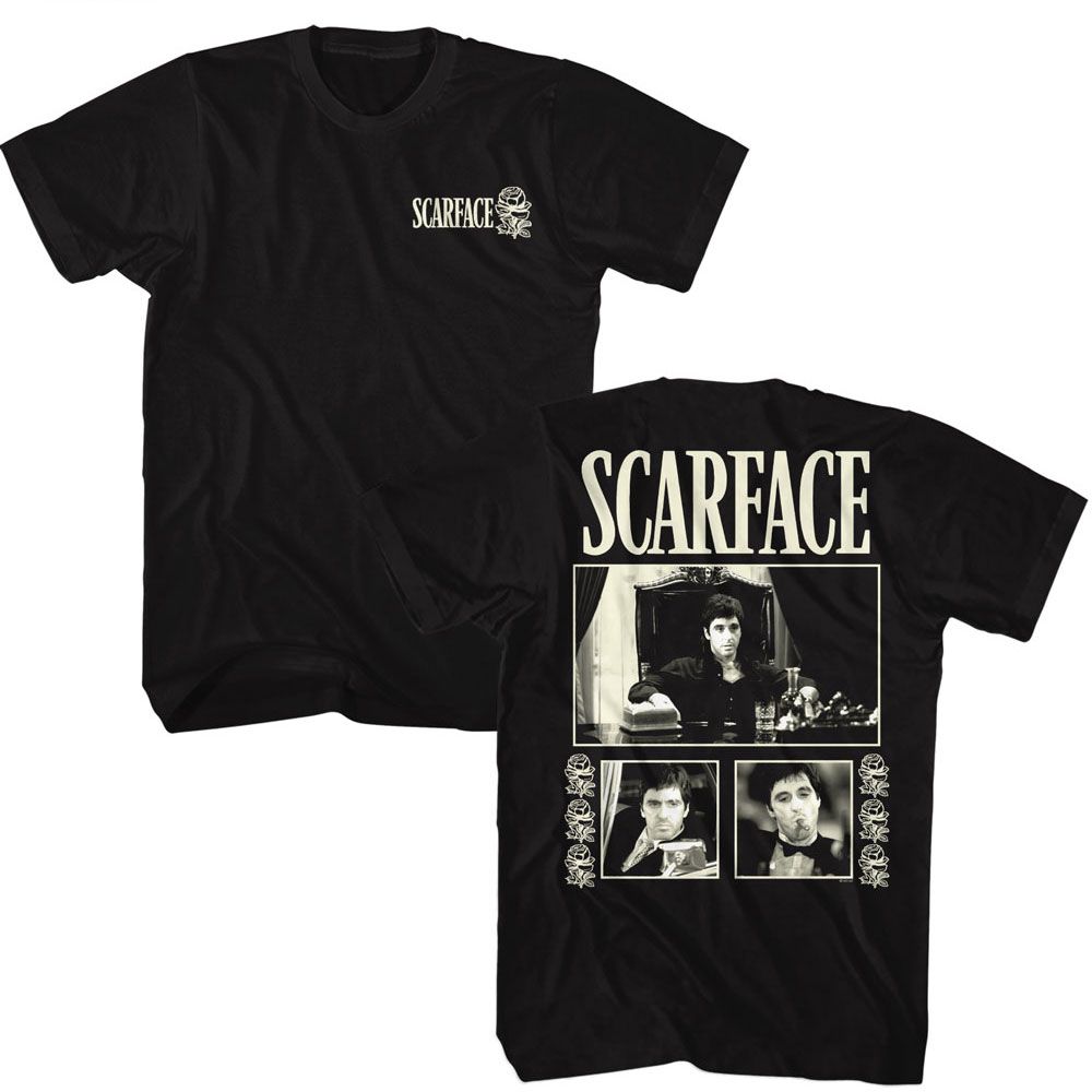 SCARFACE-SCARFACE THREE PHOTOS W ROSES-BLACK ADULT S/S TSHIRT