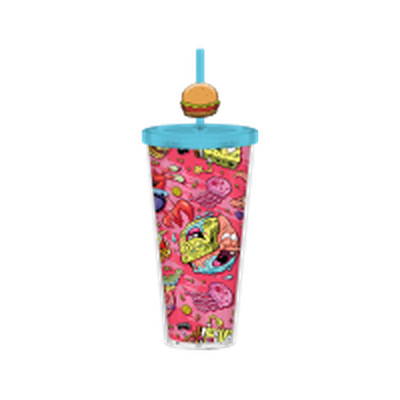 Spongebob Krusty Icon and Character Pattern 24oz Plastic Cold Cup w/ Lid and Topper Straw – 12 pc ppk ($6.50 each)