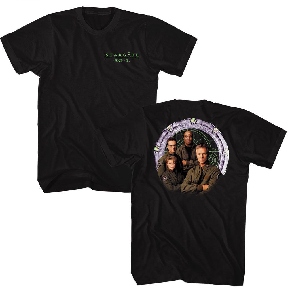STARGATE-STARGATE CAST AND GATE FRONT AND BACK-BLACK ADULT S/S TSHIRT