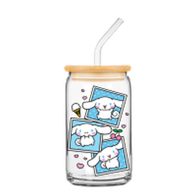 Sanrio Cinnamoroll Snapshot Border  16oz Glass Tumbler w Bamboo Lid and Glass Straw – 12 pc ppk ($6.00 each)