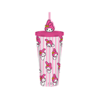 Sanrio MY MELODY STRIPE PATTERN  24oz Plastic Cold Cup w/ Lid and Topper Straw – 12 pc ppk ($6.50 each)