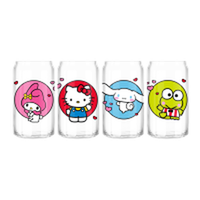 Sanrio Hello Kitty and Friends Hello Kitty My Melody Cinnamoroll Keroppi Hearts  4pc 16oz Can Glass Set – 8 pc ppk ($14.50 each)