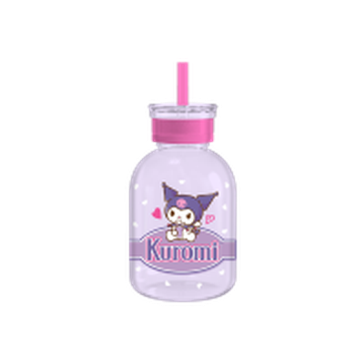 Kuromi Sitting On Label  15oz Glass Milk Bottle w Straw – 12 pc ppk ($7.50 each)