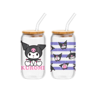 Kuromi Sitting on Logo Toss Pattern Stripes  2pk 16oz Glass Tumbler w Bamboo Lid and Glass Straw Set – 12 pc ppk ($12.50 each)