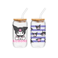 Thumbnail for Kuromi Sitting on Logo Toss Pattern Stripes  2pk 16oz Glass Tumbler w Bamboo Lid and Glass Straw Set – 12 pc ppk ($12.50 each)