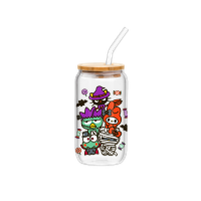 Hello Kitty And Friends Halloween Costume Group Pose  16oz Glass Tumbler w Bamboo Lid and Glass Straw – 12 pc ppk ($6.00 each)