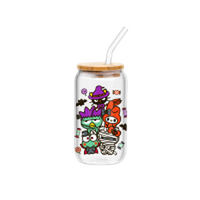 Thumbnail for Hello Kitty And Friends Halloween Costume Group Pose  16oz Glass Tumbler w Bamboo Lid and Glass Straw – 12 pc ppk ($6.00 each)