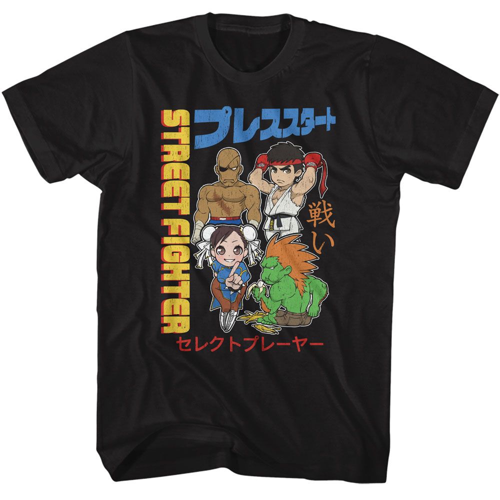 STREET FIGHTER-STREET FIGHTER CHIBI WITH KANJI-BLACK ADULT S/S TSHIRT