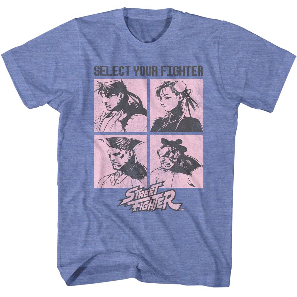 STREET FIGHTER-STREET FIGHTER SELECT YOUR FIGHTER-LIGHT BLUE HEATHER ADULT S/S TSHIRT