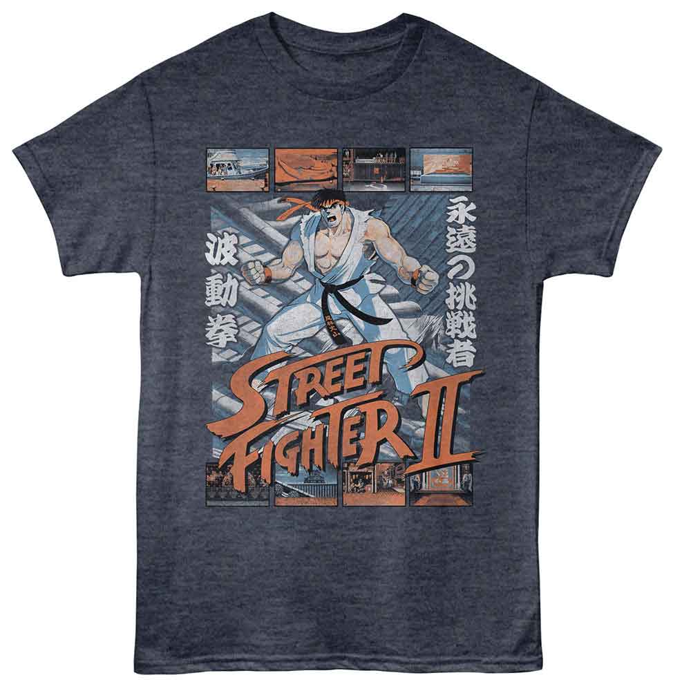 STREET FIGHTER-STREET FIGHTER RYU W VARIOUS GAME SCENES-NAVY HEATHER ADULT S/S TSHIRT