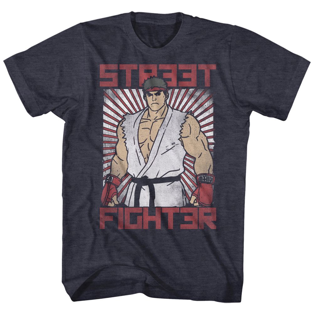 STREET FIGHTER-BLOCK PRINT-NAVY HEATHER ADULT S/S TSHIRT