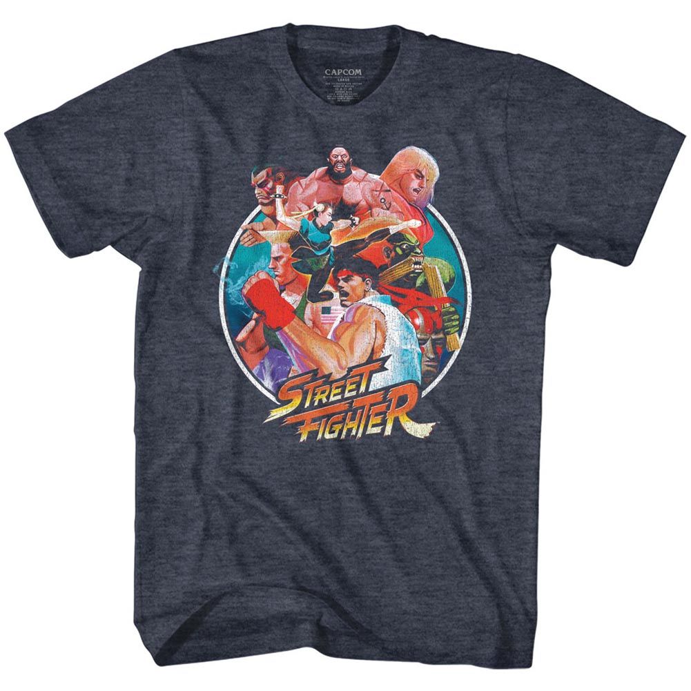 STREET FIGHTER-GROUP CIRCLE-NAVY HEATHER ADULT S/S TSHIRT