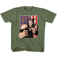 Thumbnail for STREET FIGHTER-GUILE WITH FLAG-MILITARY GREEN TODDLER S/S TSHIRT