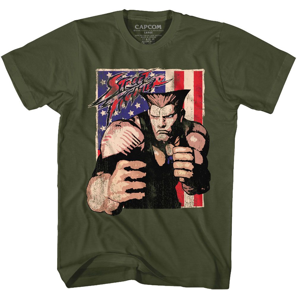 STREET FIGHTER-GUILE WITH FLAG-MILITARY GREEN ADULT S/S TSHIRT