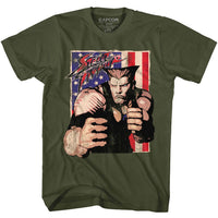 Thumbnail for STREET FIGHTER-GUILE WITH FLAG-MILITARY GREEN ADULT S/S TSHIRT
