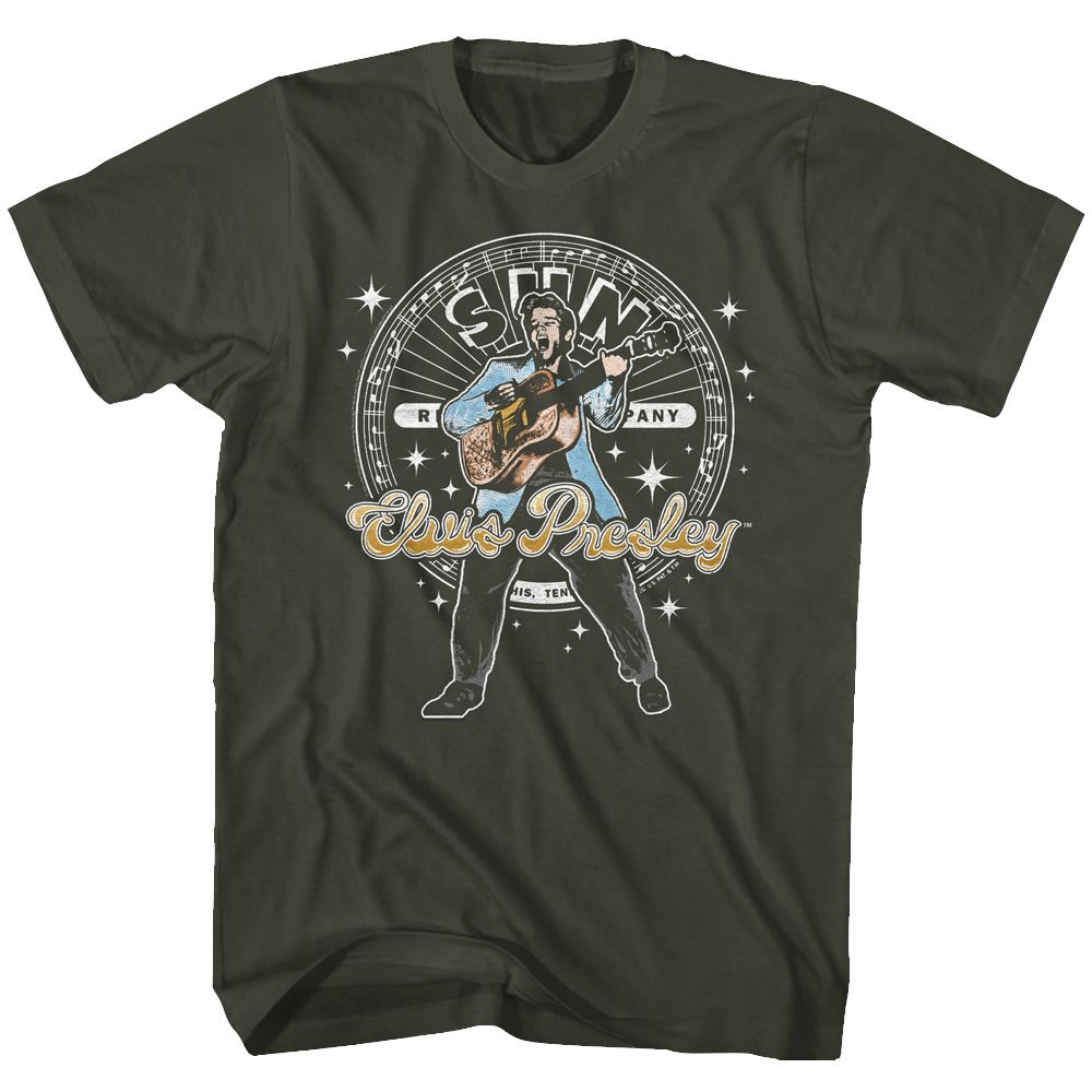 ELVIS SUN RECORDS-ELVIS CIRCLE AND SPARKLES-SMOKE ADULT S/S TSHIRT