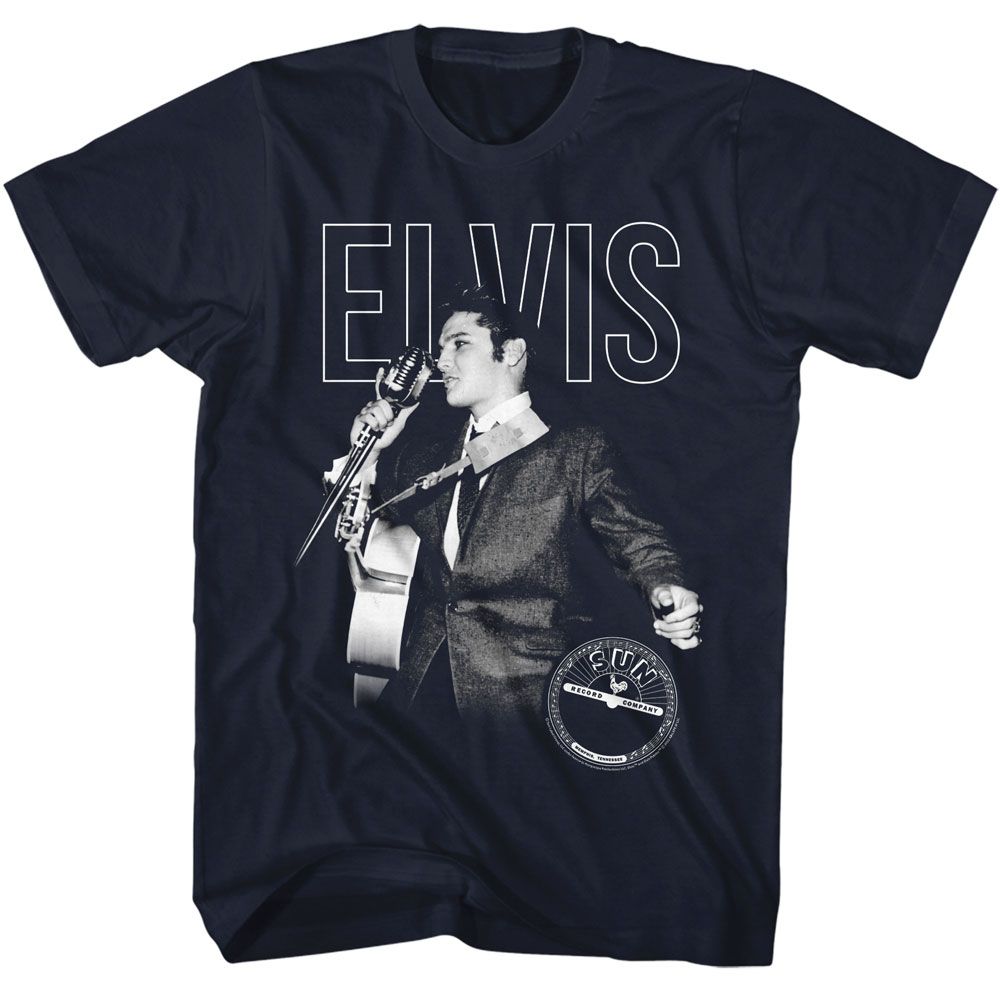 ELVIS SUN RECORDS-ELVIS ON THE MIC-NAVY ADULT S/S TSHIRT