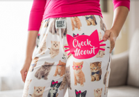 Thumbnail for Close up cropped image of model wearing Check Meowt pajama lounge pants (front view)