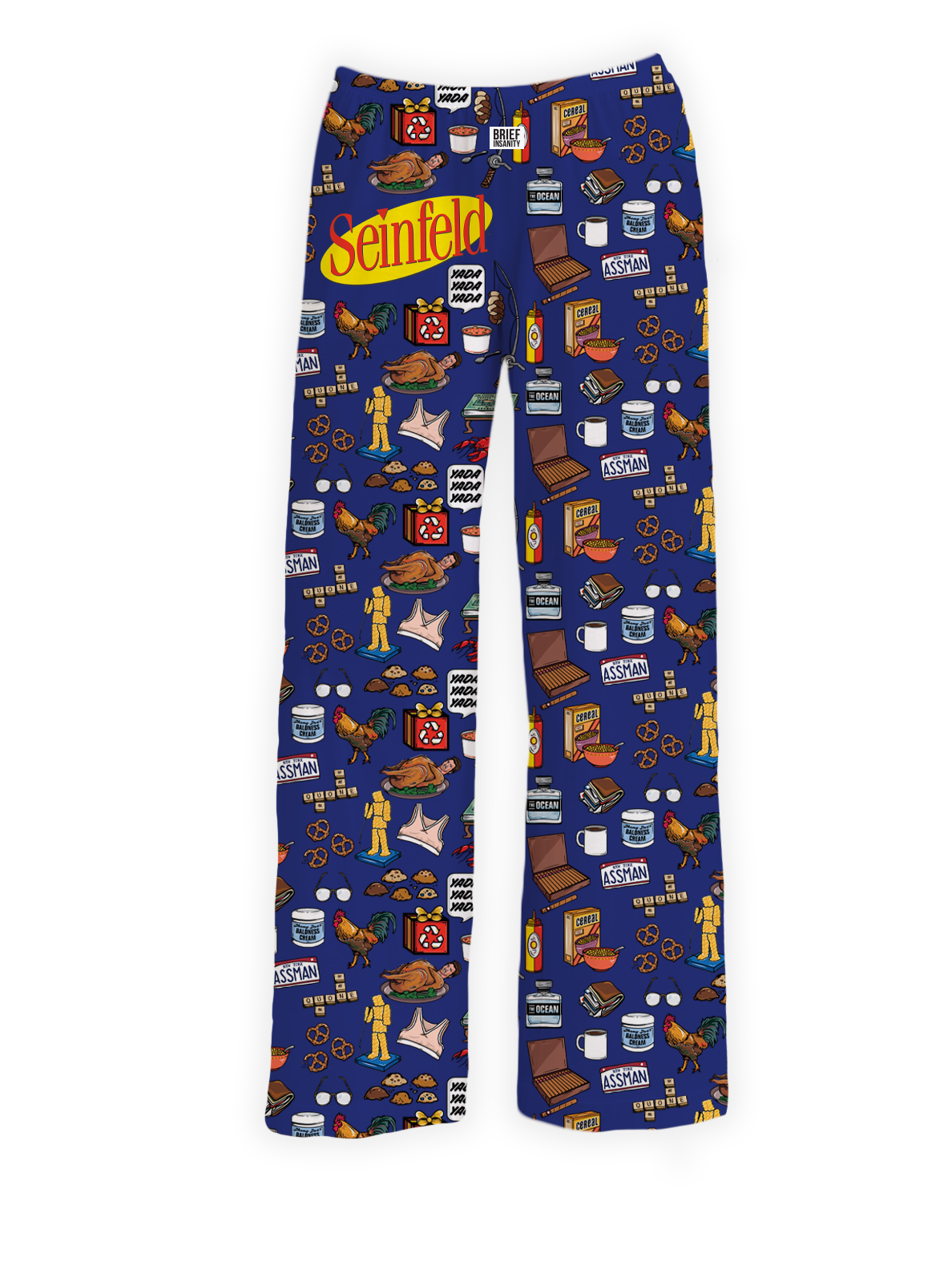 Seinfeld Icons Pajama Pants featuring colorful graphics of classic show references including the Seinfeld logo, pretzels, cereal, the puffy shirt, and iconic episode icons on a navy blue background – Warner Bros. Discovery.