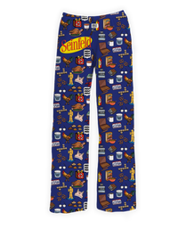 Thumbnail for Seinfeld Icons Pajama Pants featuring colorful graphics of classic show references including the Seinfeld logo, pretzels, cereal, the puffy shirt, and iconic episode icons on a navy blue background – Warner Bros. Discovery.