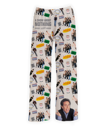 Thumbnail for Seinfeld Show Pajama Pants featuring colorful graphics of the main cast, Seinfeld logo, iconic show references, and memorable quotes like 'A Show About Nothing' on a light beige background – Warner Bros. Discovery.