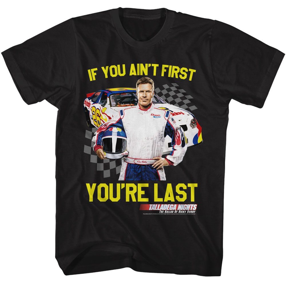 TALLADEGA NIGHTS-TALLADEGA NIGHTS NOT 1ST YOURE LAST CHECKERED-BLACK ADULT S/S TSHIRT