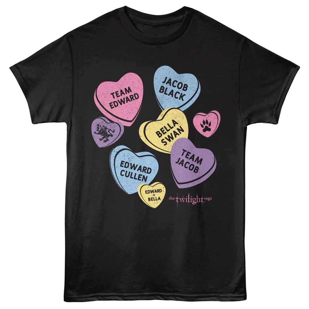 TWILIGHT-TWILIGHT MULTI COLOR CANDY HEARTS-BLACK ADULT S/S TSHIRT