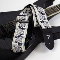 Thumbnail for BLACK ROSES ON WHITE JACQUARD GUITAR STRAP
