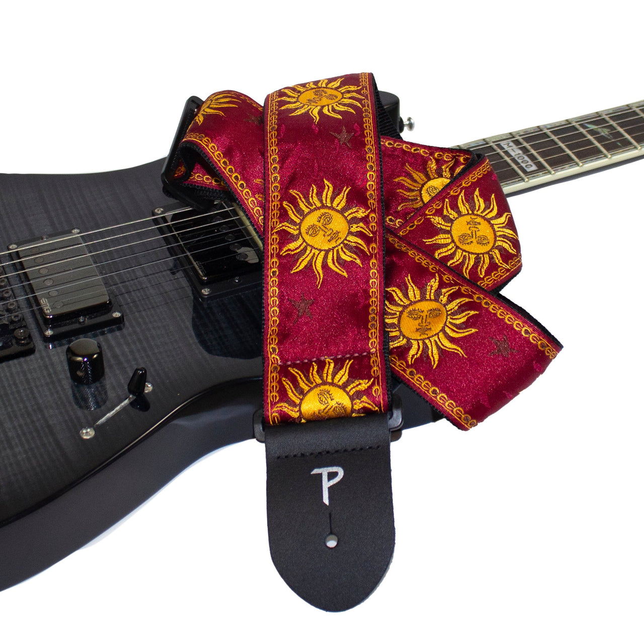 GOLD CELESTIAL ON BURGUNDY JACQUARD GUITAR STRAP