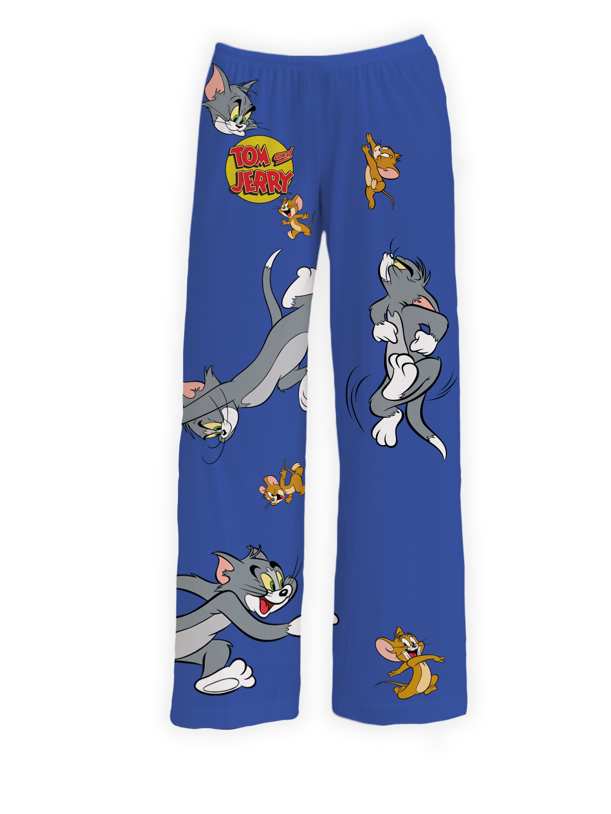Tom & Jerry Pajama Pants featuring colorful all-over prints of Tom and Jerry in playful chase poses with the Tom & Jerry logo on a vibrant blue background – Warner Bros. Discovery.