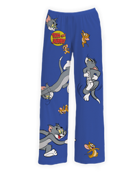 Thumbnail for Tom & Jerry Pajama Pants featuring colorful all-over prints of Tom and Jerry in playful chase poses with the Tom & Jerry logo on a vibrant blue background – Warner Bros. Discovery.