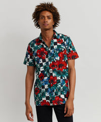 Thumbnail for Floral Check Viscose Button-Down Short Sleeve Short