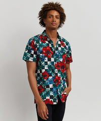 Thumbnail for Floral Check Viscose Button-Down Short Sleeve Short