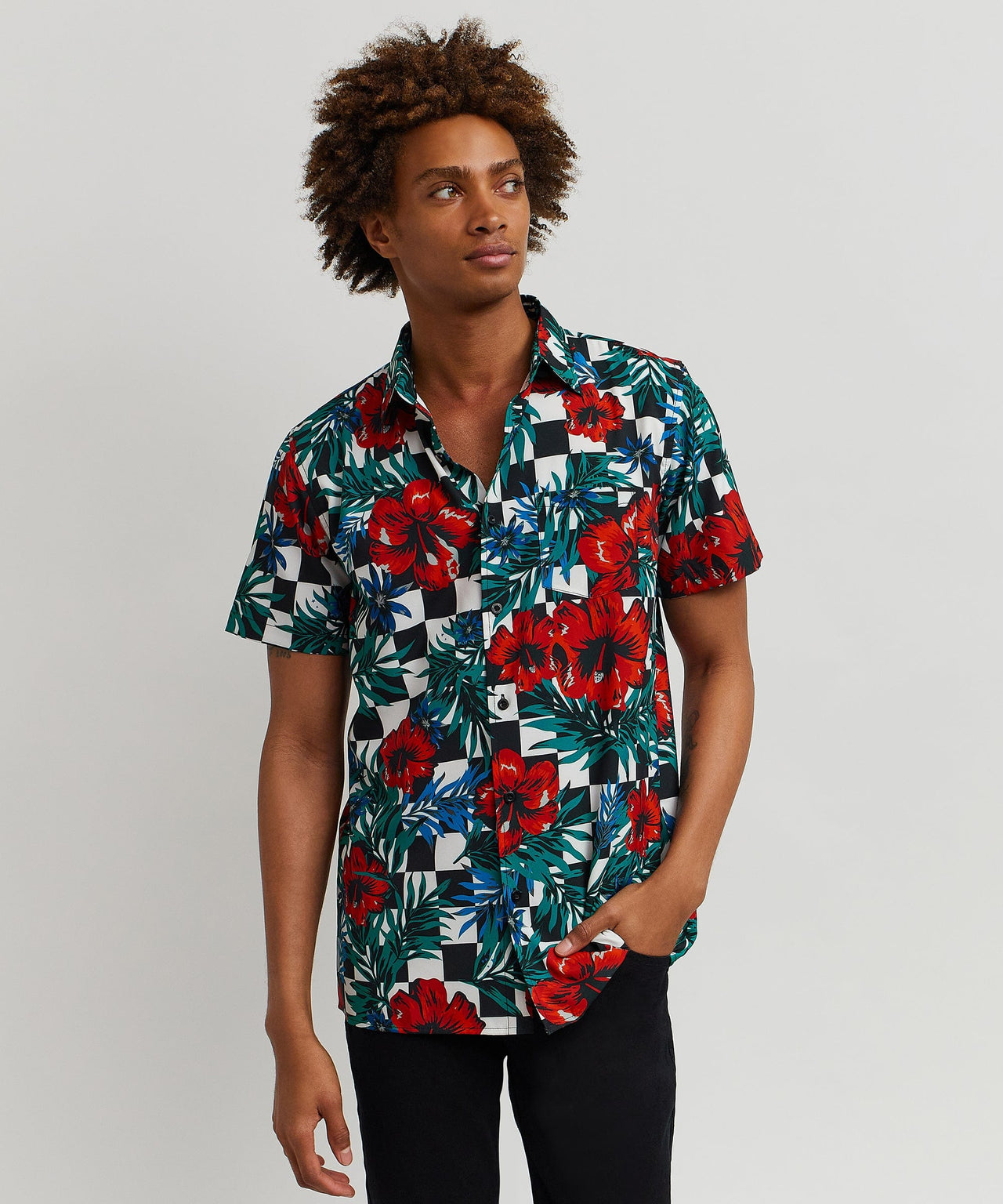 Floral Check Viscose Button-Down Short Sleeve Short
