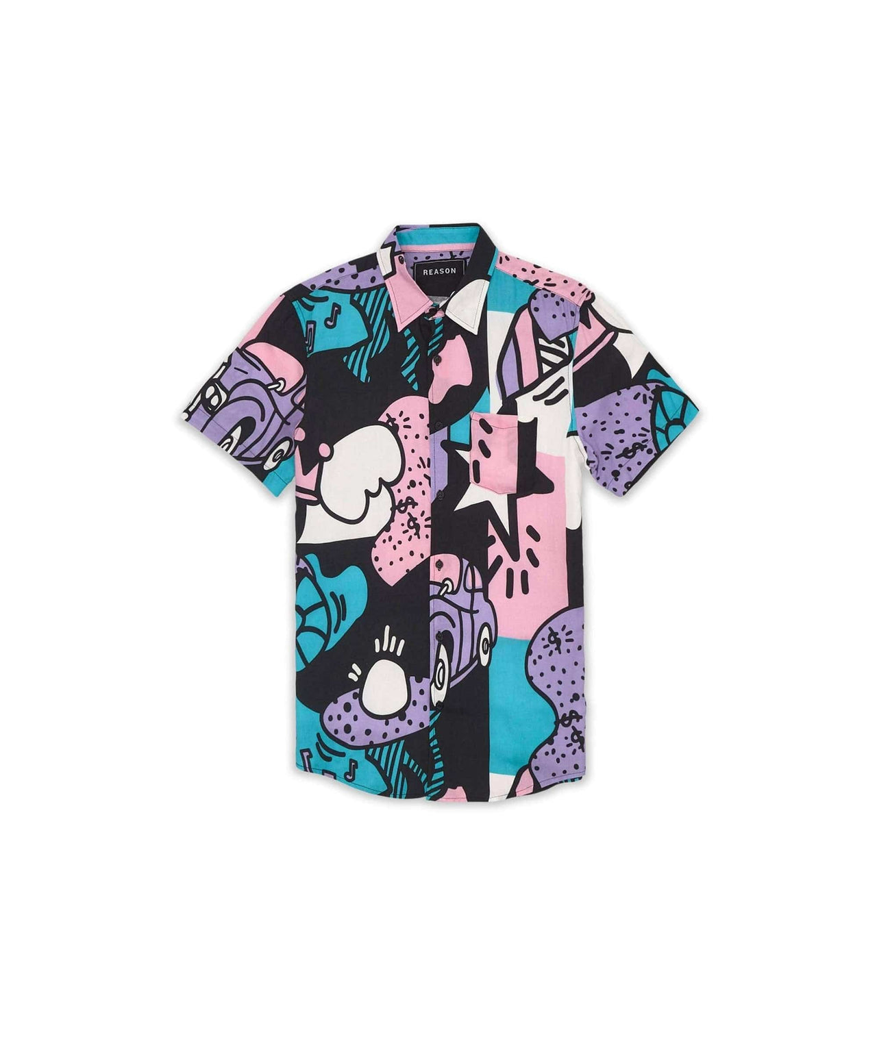 Retro Pop Art Viscose Button-Down Short Sleeve Shirt
