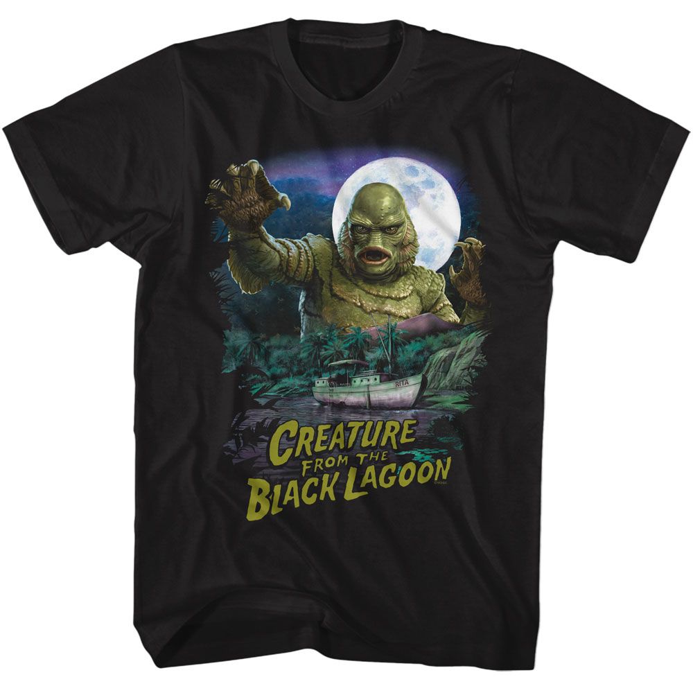 UNIVERSAL MONSTERS-UNIVERSAL MONSTERS CREATURE AND BOAT SCENE-BLACK ADULT S/S TSHIRT