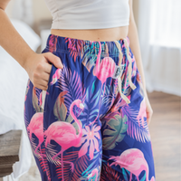 Thumbnail for Flamingo pajama lounge pants side view with pockets and strings