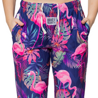 Thumbnail for Flamingo pajama lounge pants close up front view with strings and pockets
