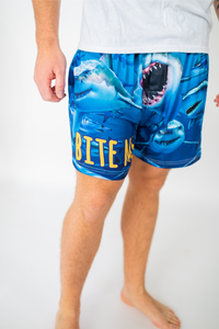 Thumbnail for Waist down image of model wearing Bite Me Shark boxer shorts (front view white background)