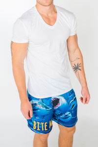 Thumbnail for Image of model facing forward wearing Bite Me Shark boxer shorts (white background)