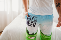 Thumbnail for Close up cropped image of male model wearing Golf With A Chance Of Beer pajama lounge pants (front view)