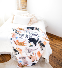 Thumbnail for BRIEF INSANITY Life Is Better with A Cat Throw Blanket laid out on edge of white bed