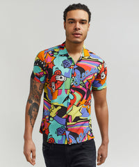 Thumbnail for Trippy Viscose Button-Down Short Sleeve Shirt - Multicolor