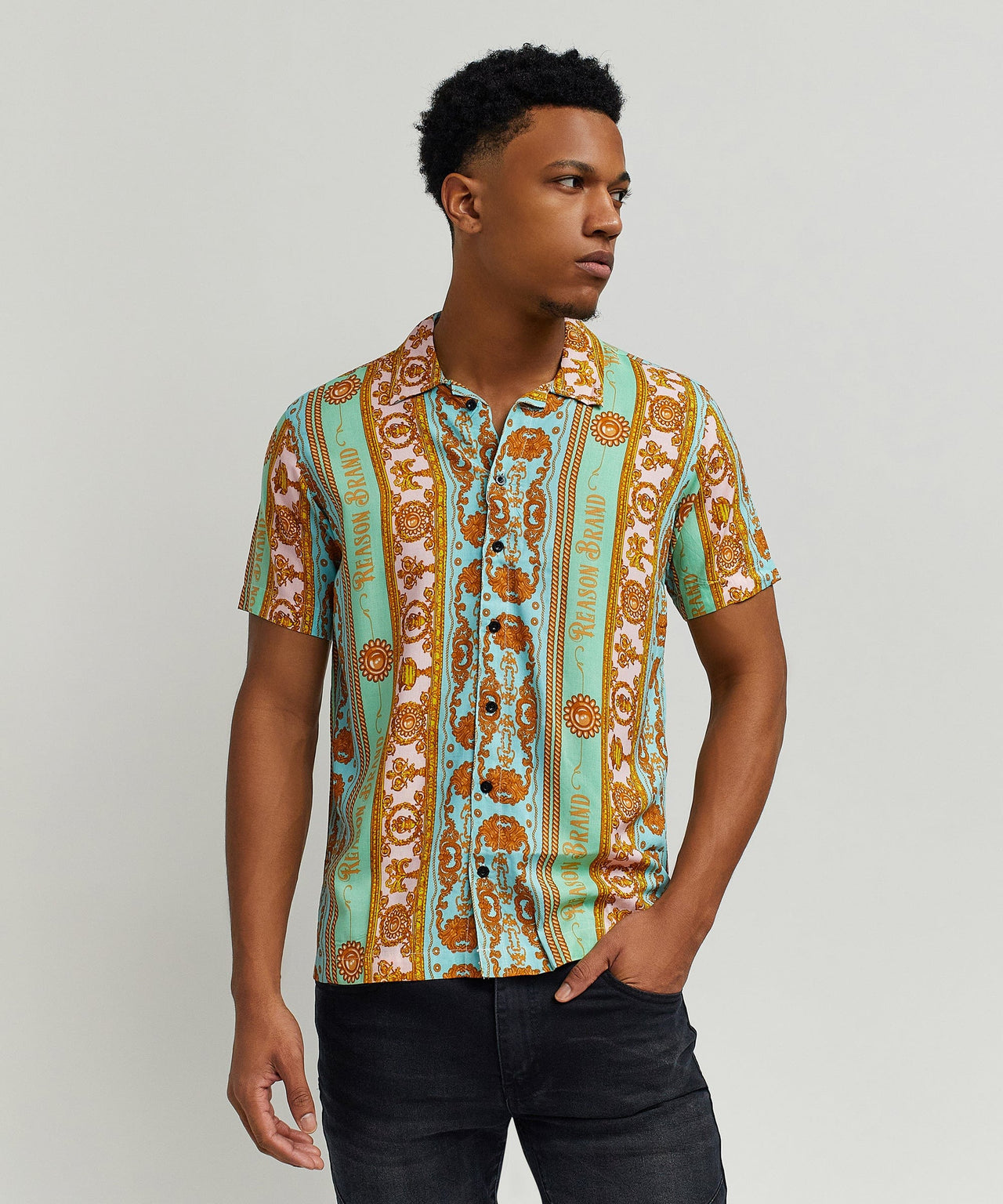 Baroque Viscose Button-Down Short Sleeve Shirt - Multicolor