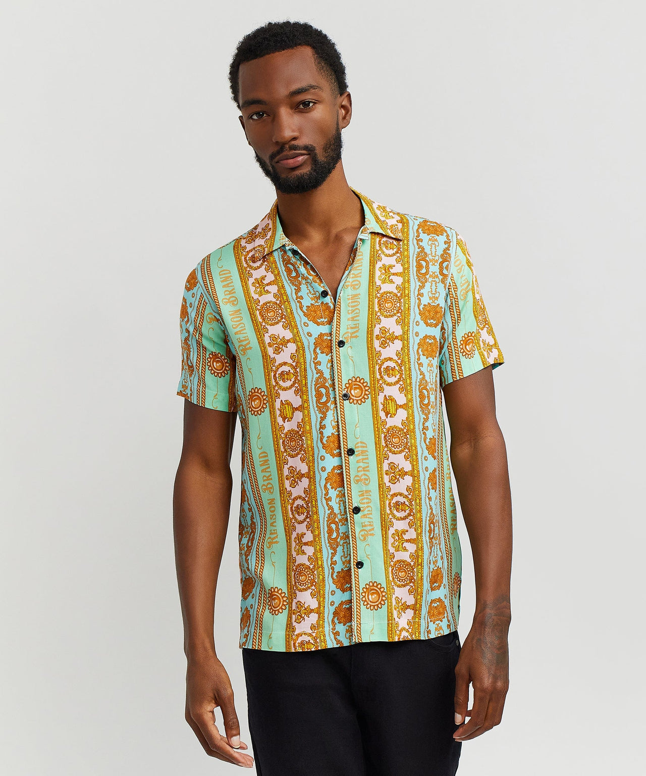 Baroque Viscose Button-Down Short Sleeve Shirt - Multicolor