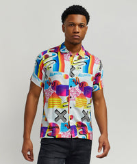 Thumbnail for Geo Shape Viscose Button-Down Short Sleeve Shirt - Multicolor