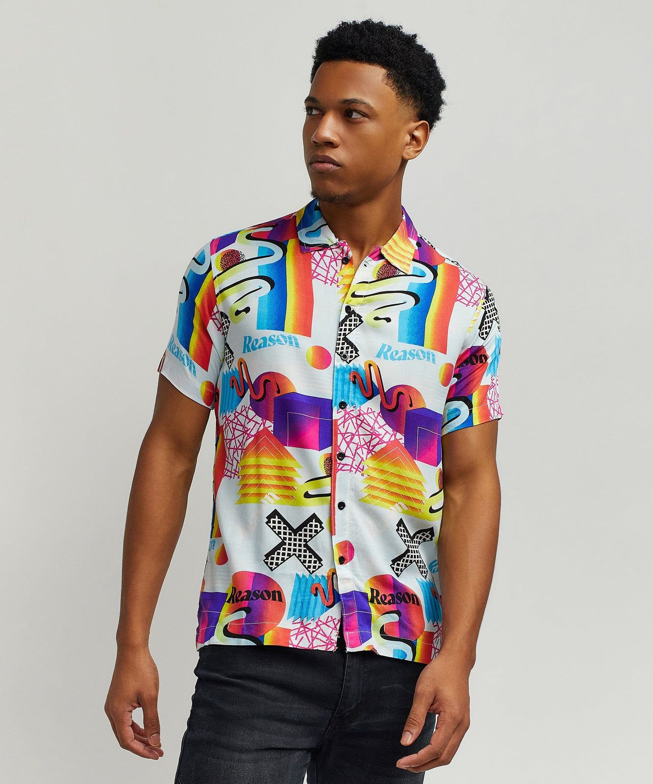 Geo Shape Viscose Button-Down Short Sleeve Shirt - Multicolor